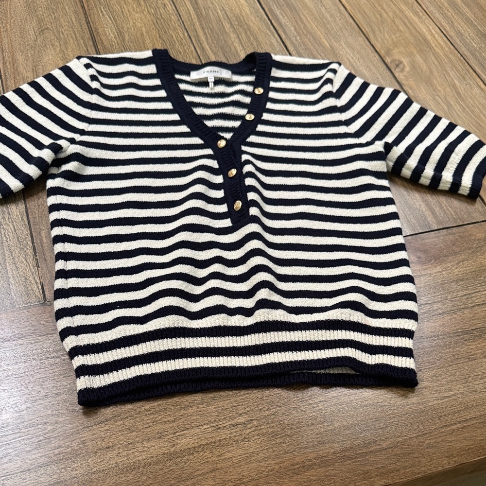 Frame Navy and White V-Neck Sweater with Gold Buttons - Picture 4 of 8